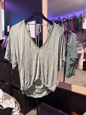 BKE Sage Green V-Neck Short Sleeve Top